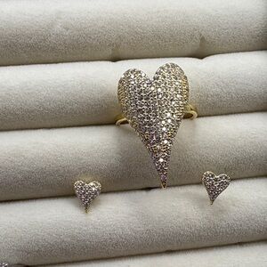 Gold Heart Crystal Ring and Stud Earring Set - Sparkling Gold Heart Jewelry